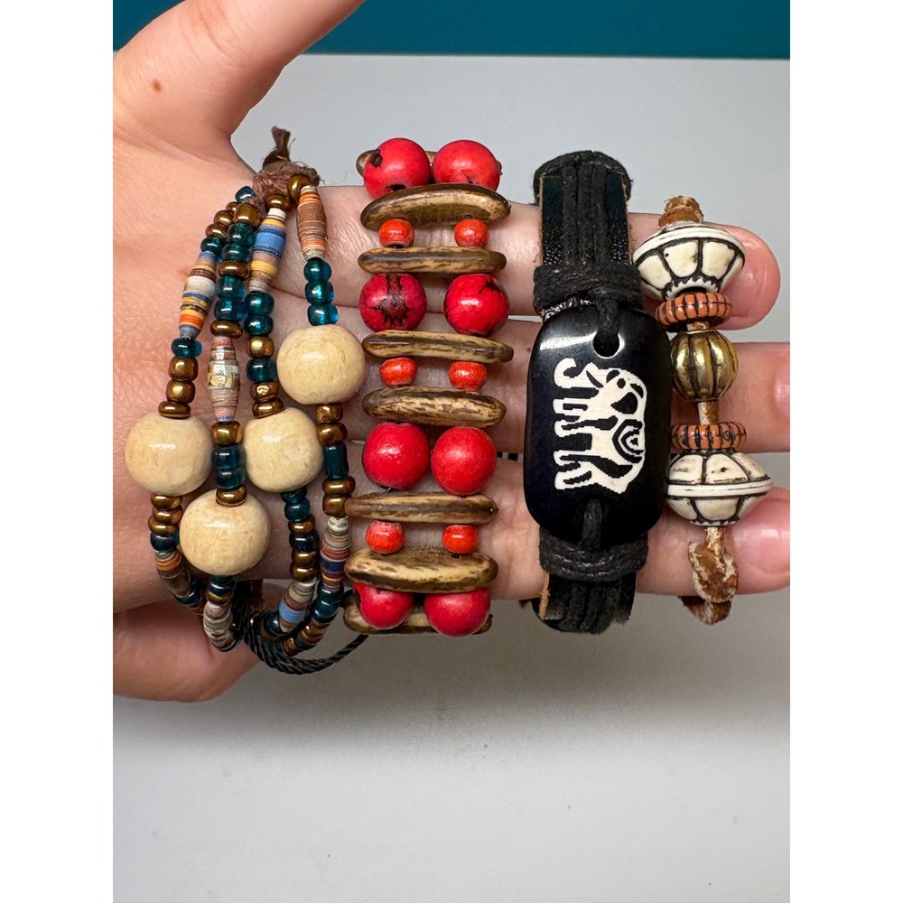 Bohemian Beaded Bracelet Set 4pc Elephant Leather Wood Tribal Stackable Mixed